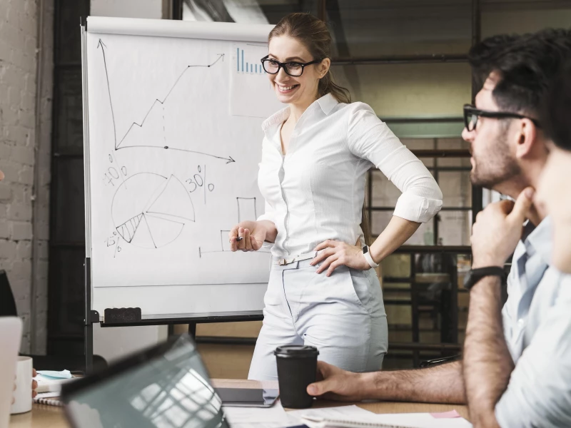 Collega's staan voor een flipover met grafieken, om als onderdeel van Gemba Walks de knelpunten te bespreken